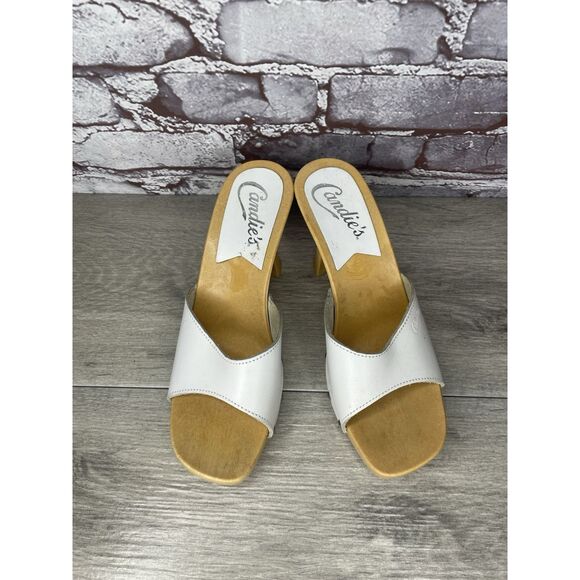 Candie's White Leather Platform Wooden Heel Sandals Women Sz 8M US/39EU Y2K 90’s - Picture 3 of 16